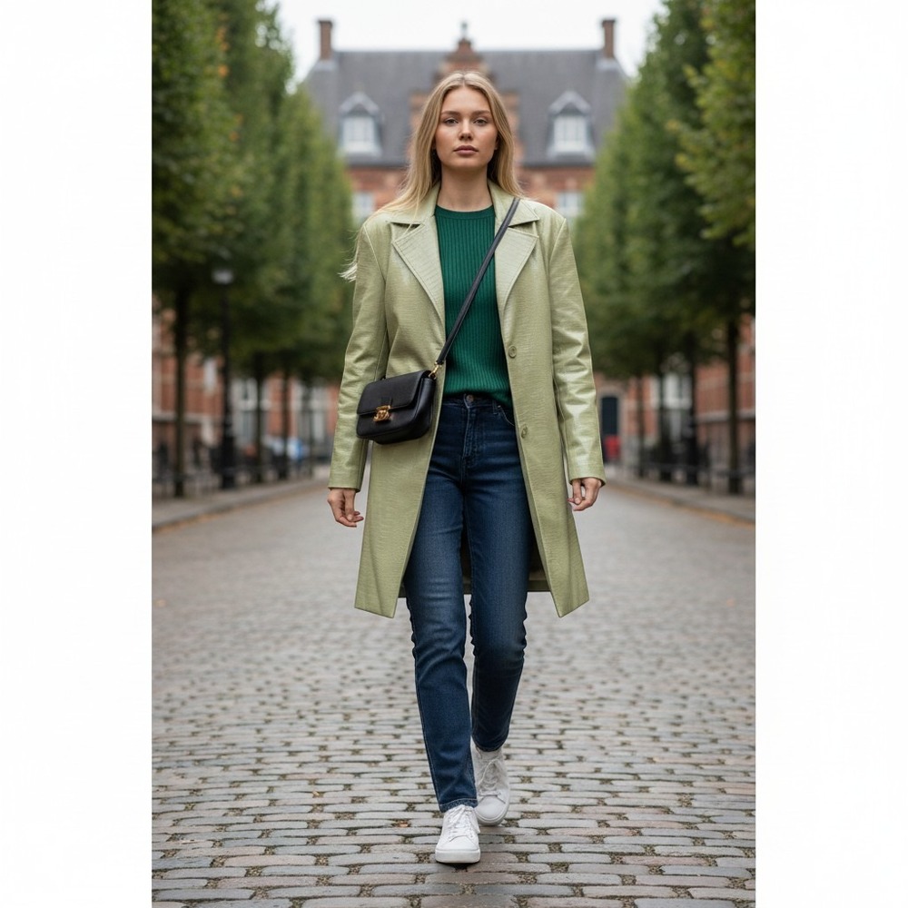 UNAULB Sage Green Crocodile Embossed Faux Leather Trench Coat Jacket Oversized
